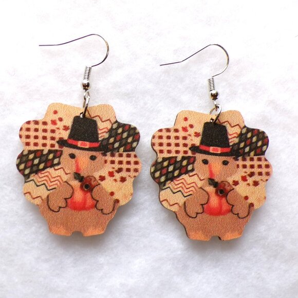 None Jewelry - Thanksgiving Turkey Earrings Wood Dangle